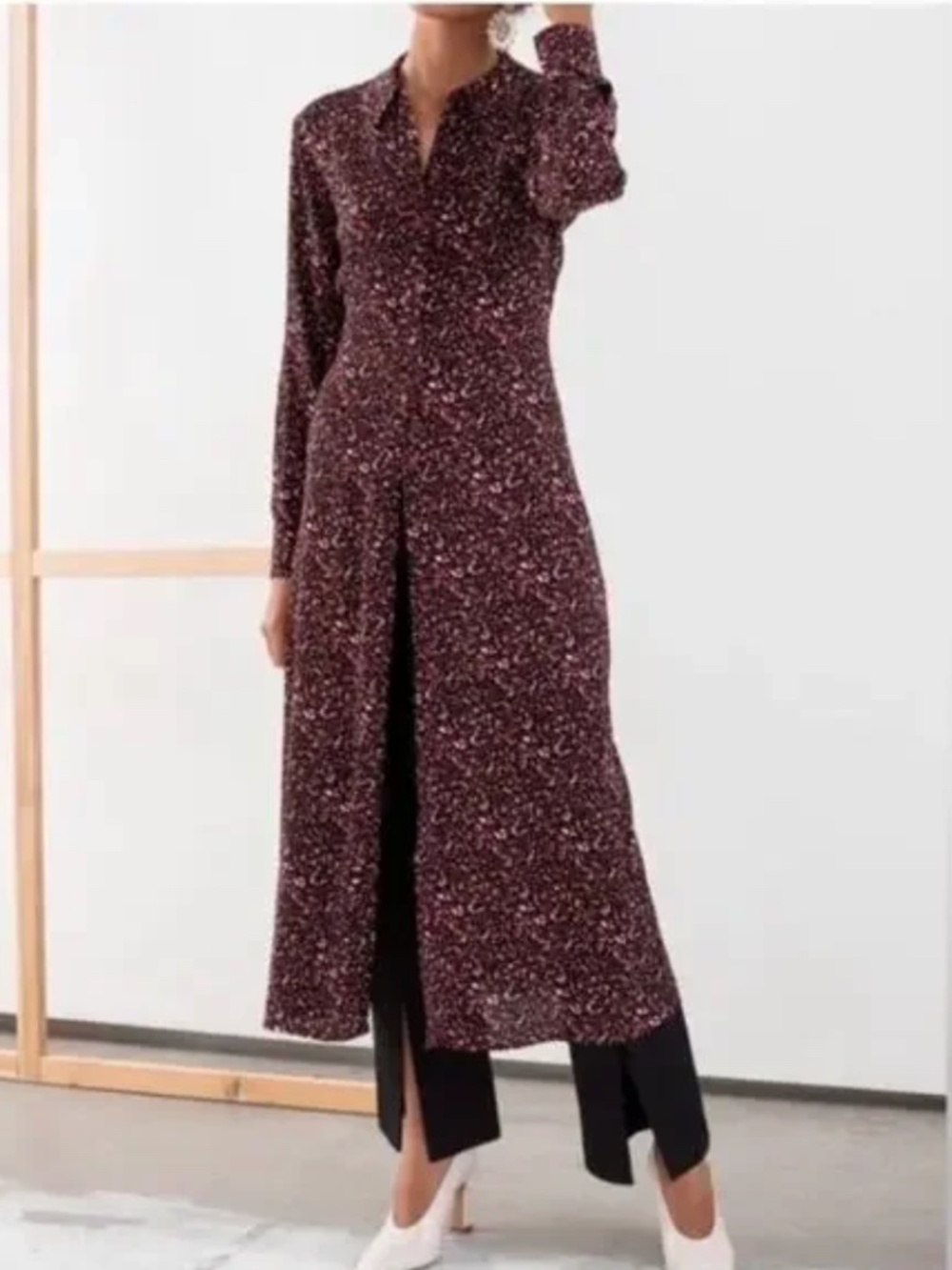 & Other Stories Sz 8 Micro Floral Midi Shirt Dress Moody Floral Print Button-up
